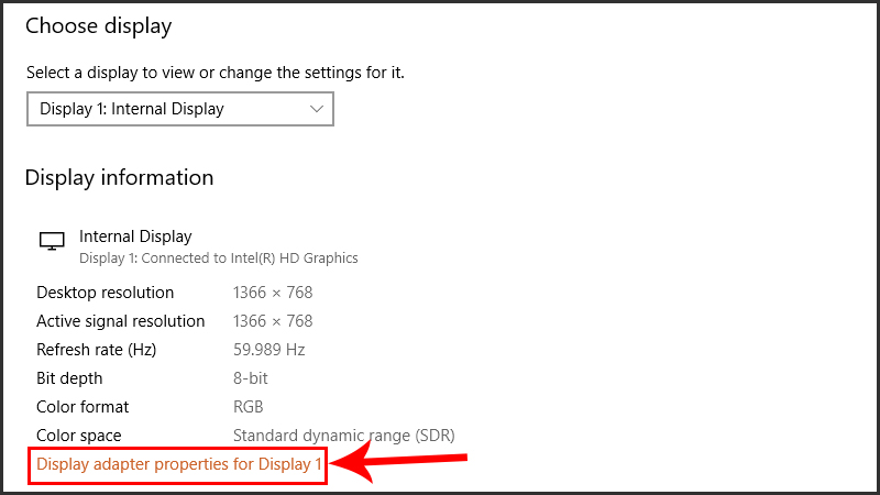 Chọn Display adapter properties for Display 1